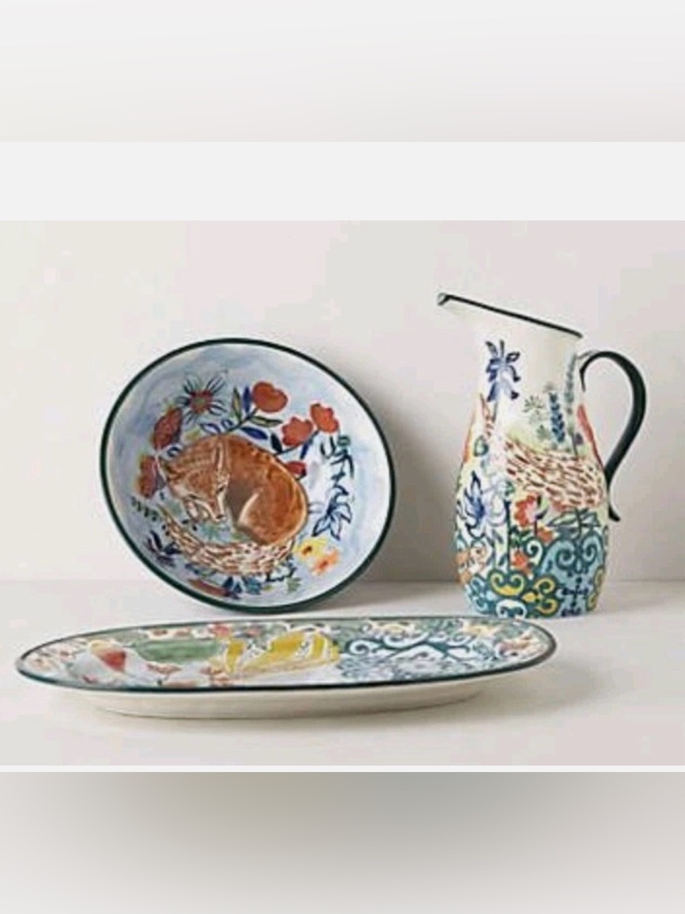 Anthropologie English Meadow Fox Hand-Painted Floral Ceramic Pitcher